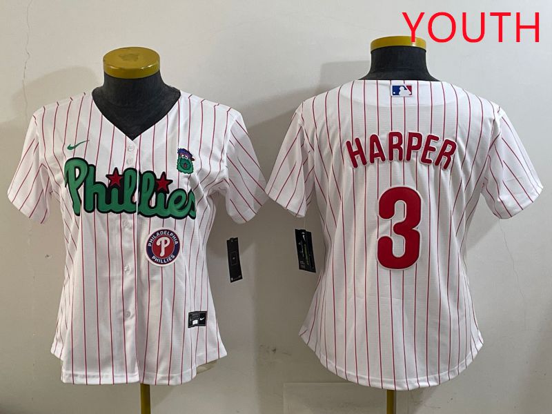 Youth Philadelphia Phillies 3 Harper White Stripe Second generation joint name 2025 Nike MLB Jersey style 7